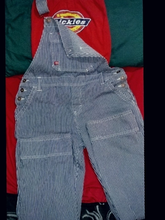 Dickies Pants - Dickies Oversized Blue and White Striped Overalls Size L+Red Dickies Tube top- M